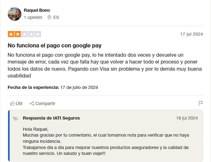 Opinión IATI seguros Trustpilot