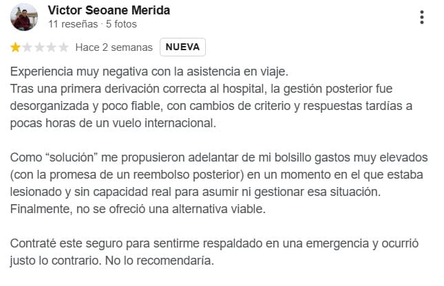 Reseña negativa Heymondo en Google Reviews