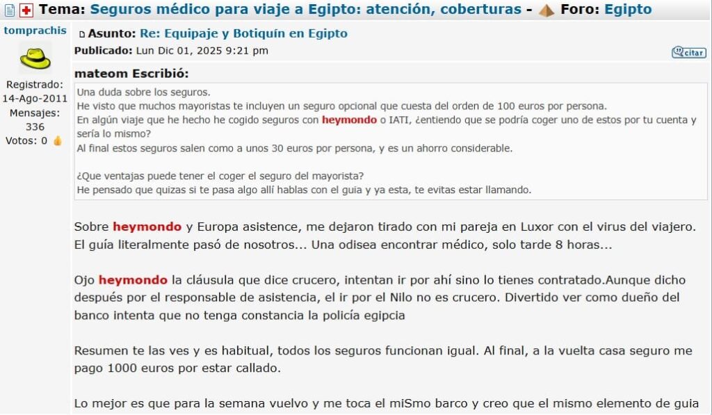 Opinión real negativa Heymondo en foro Los Viajeros