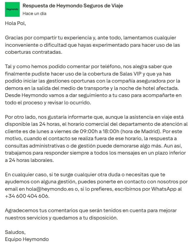 Respuesta a opinión negativa Heymondo en Trustpilot
