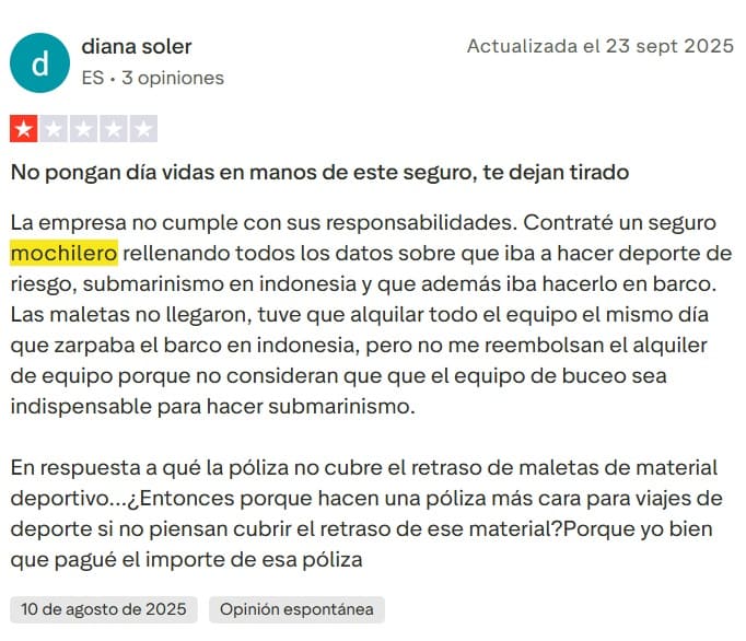 Opiniones seguro IATI Mochilero negativa